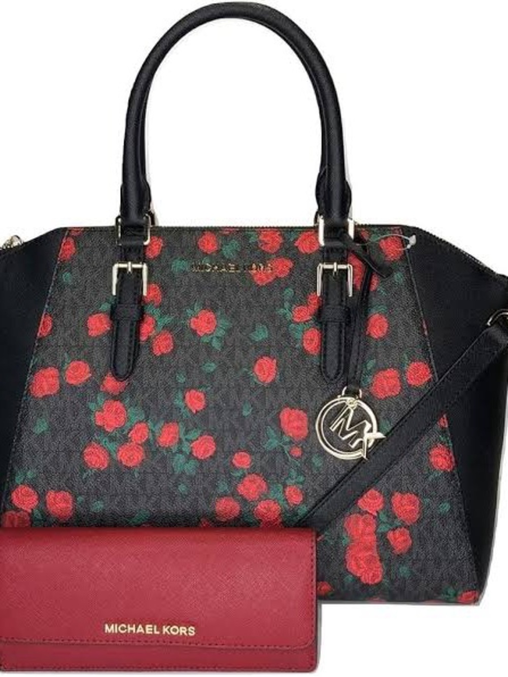 Michael Kors Black Satchel with Red Rose Print - Picture 2 of 3